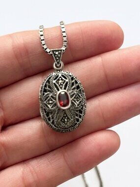 Sterling Silver Garnet Necklace / Locket 925